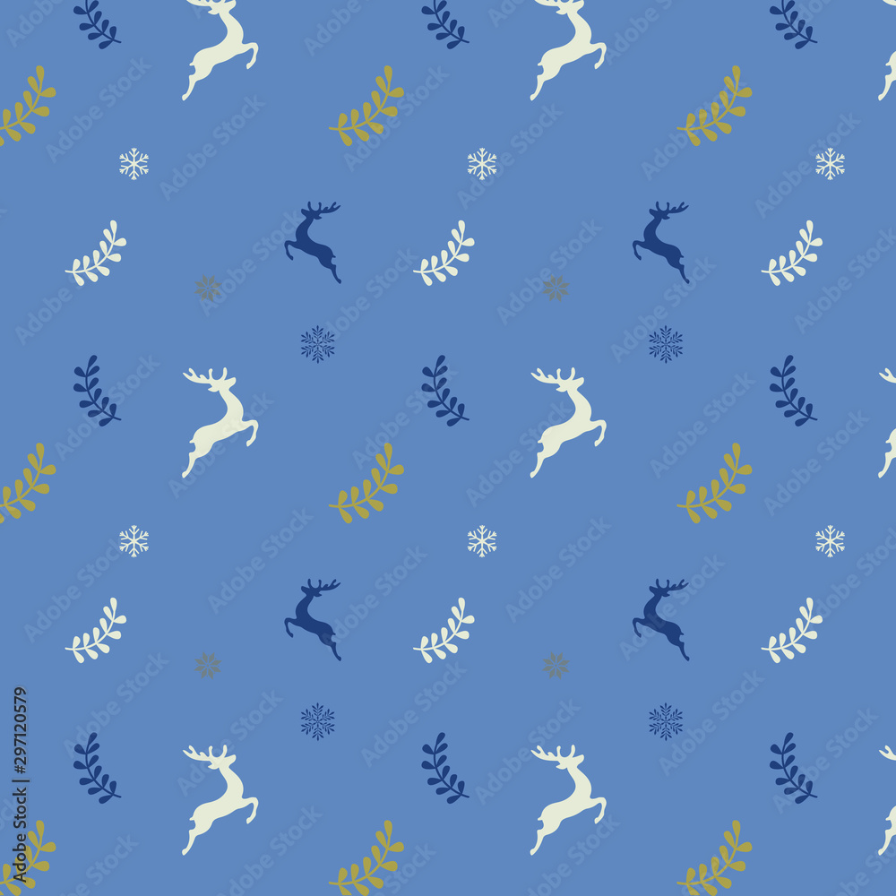 Christmas seamless pattern with stars. reed, decorations, leaves, berries, trees ans snowflakes on blue background.