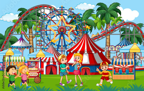 An outdoor funfair scene with kids playing