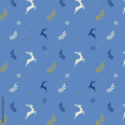 Christmas seamless pattern with stars. reed, decorations, leaves, berries, trees ans snowflakes on blue background.