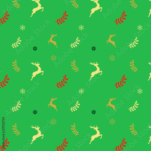 Christmas seamless pattern with stars. reed, decorations, leaves, berries, trees ans snowflakes on green background.
