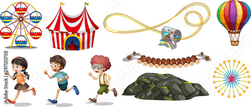 Isolated objects from circus theme with children and rides