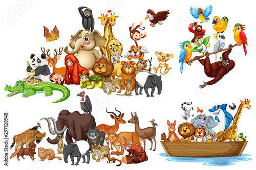 Many animals on white background