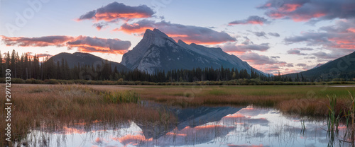 Beautiful sunrise over Vermillion Lake , Banff National Park, Alberta, Canada. Vermilion Lakes are a series of lakes located immediately west of Banff, Alberta Beautiful background photo. 