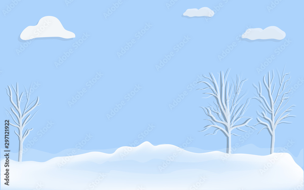 Winter daytime landscape - trees, snowdrifts, sky, clouds - art, vector. Travel Poster.