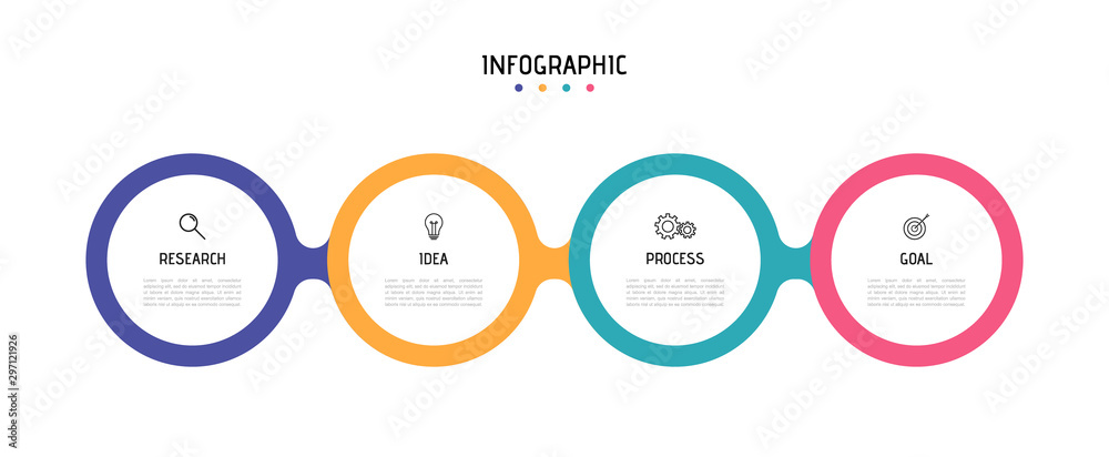 Business process infographic template. Colorful circular elements with numbers 4 options or steps. Vector illustration graphic design Business process infographic template. Colorful circular elements with numbers 4 options or steps. Vector illustration graphic design