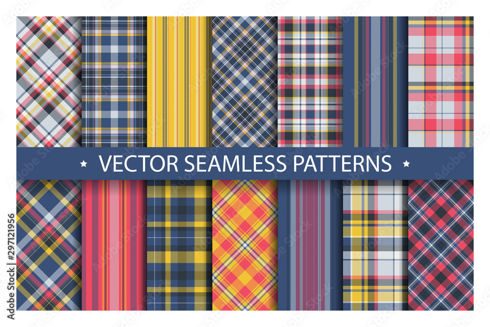Tartan set pattern seamless plaid vector. Geometric background fabric  texture. Modern check fashion template for textile print, wrapping paper, gift  card, wallpaper flat design. Stock Vector