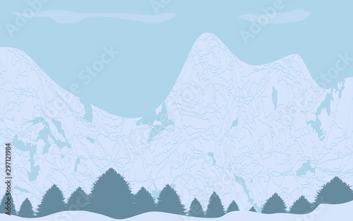 Winter abstract mountains - spruce forest, snowdrifts - art, vector. Travel Poster. Mountain tourism
