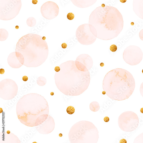 Watercolor seamless pattern with bubbles in pastel colors and golden confetti.