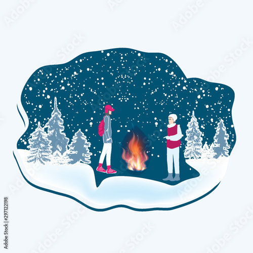 Tourists in the winter forest - bonfire with a bright flame, falling snow, snowdrifts - isolated icon on white background - vector. Rest at nature. Travel poster.