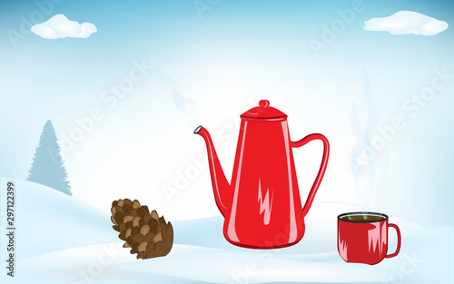 Winter still life. Fir cone, red coffee pot and coffee mug with steam, spruce, snowdrifts, clouds - light blue background - illustration, vector. Rest at nature. Travel poster.
