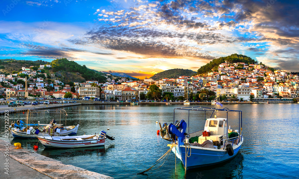 Greece landmarks - beautiful island Lesvos (Lesbos). Scenic Plomari town over sunset - obrazy, fototapety, plakaty 