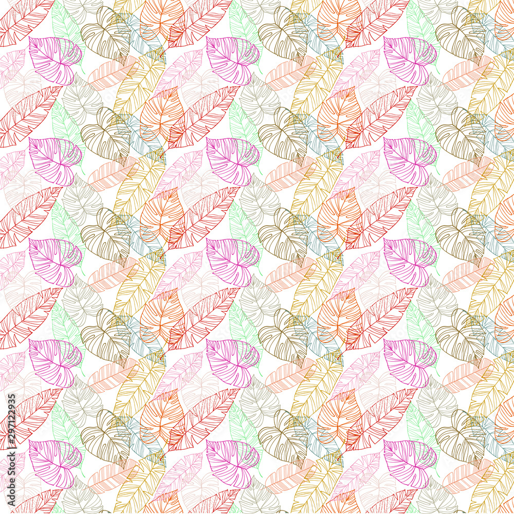 Bright abstract seamless pattern with colorful tropical leaves and plants on green background. Vector design. Jungle print. Floral background. Printing and textiles. Exotic tropics. Fresh design. Bright abstract seamless pattern with colorful tropical leaves and plants on green background. Vector design. Jungle print. Floral background. Printing and textiles. Exotic tropics. Fresh design.