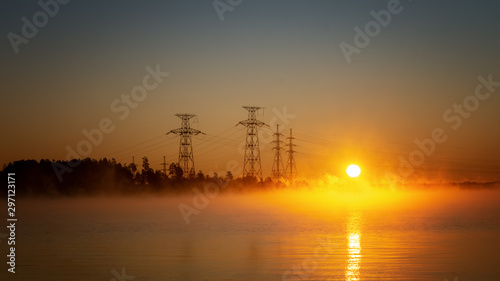 industrial dawn on Reftinskoye reservoir, Russia, Ural photo