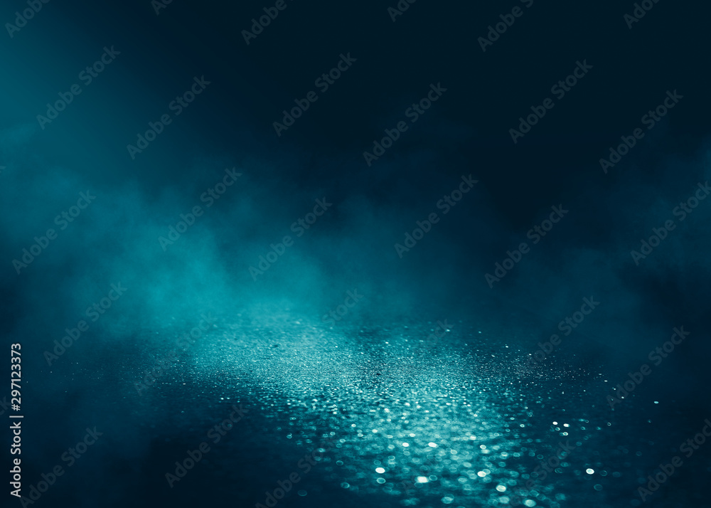 Empty background scene. Dark street reflection on wet asphalt. Rays of neon light in the dark, neon figures, smoke. Background of empty stage show. Abstract dark background. Empty background scene. Dark street reflection on wet asphalt. Rays of neon light in the dark, neon figures, smoke. Background of empty stage show. Abstract dark background.