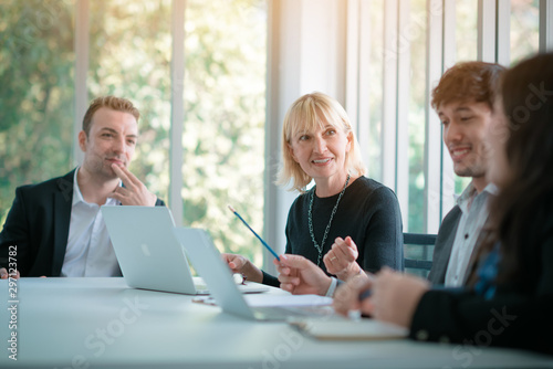 Meeting Room Conference, Senior Women Talking Planing With Team in Office Corporate. Business Event training Seminar, Creative Cooperative idea for Development, Management Business Event.