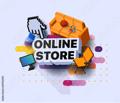 Modern online store banner. Poster retail sales of goods online. Shopping promotional business sticker. Sale with offer of various goods in the online store vector illustration. Things for the shop