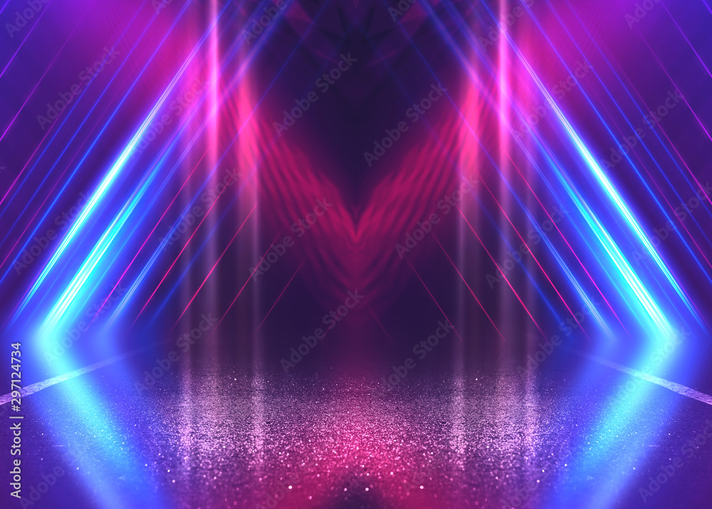 Empty background scene. Dark street reflection on wet asphalt. Rays of neon light in the dark, neon shapes, smoke. Background of an empty stage show. Abstract dark background. Empty background scene. Dark street reflection on wet asphalt. Rays of neon light in the dark, neon shapes, smoke. Background of an empty stage show. Abstract dark background.