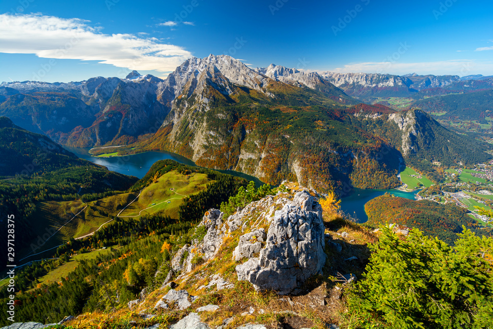 view on Königssee lake from Jenner mountain during autumn, Berchtesgaden, Bavaria, Germany