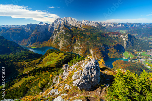Obraz na płótnie view on Königssee lake from Jenner mountain during autumn, Berchtesgaden, Bavaria, Germany w salonie