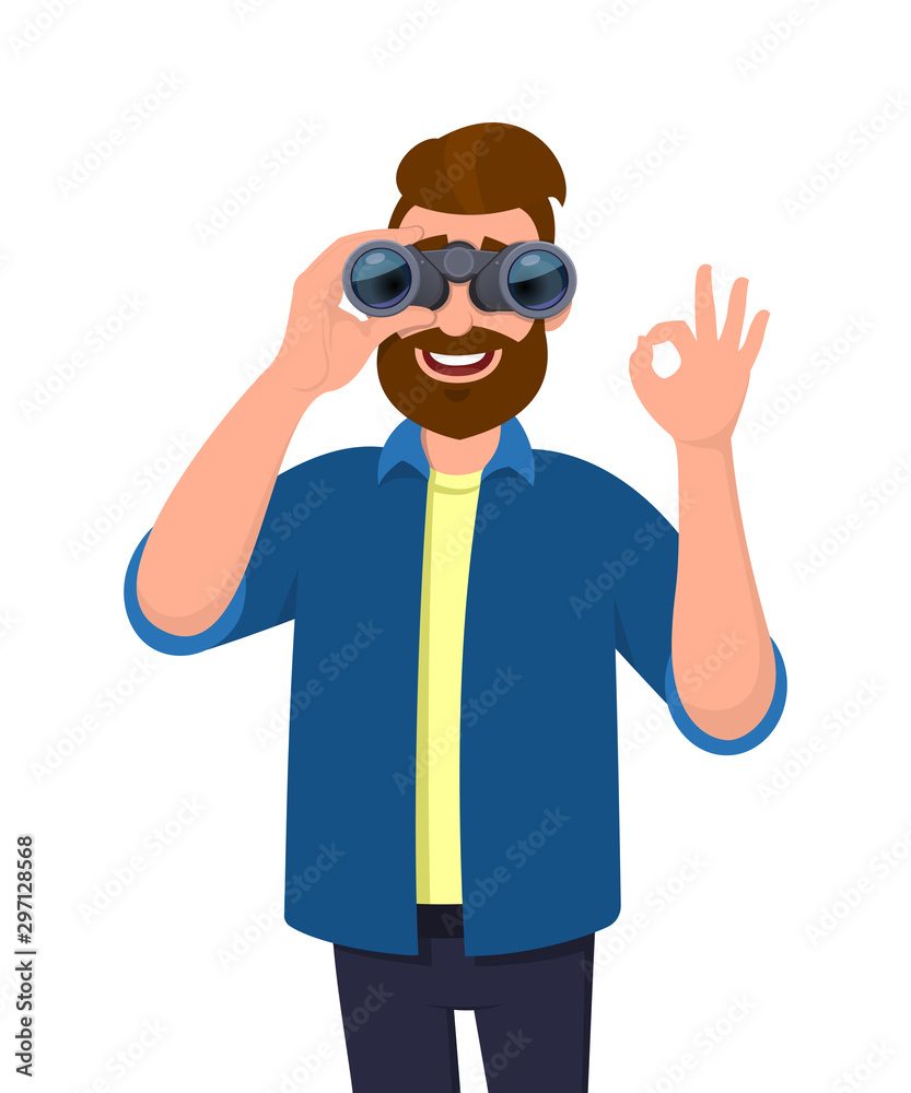 Young bearded man looking in the distance through binoculars and gesturing, making okay or OK sign with hand fingers. Modern lifestyle, technology concept illustration in vector cartoon style.