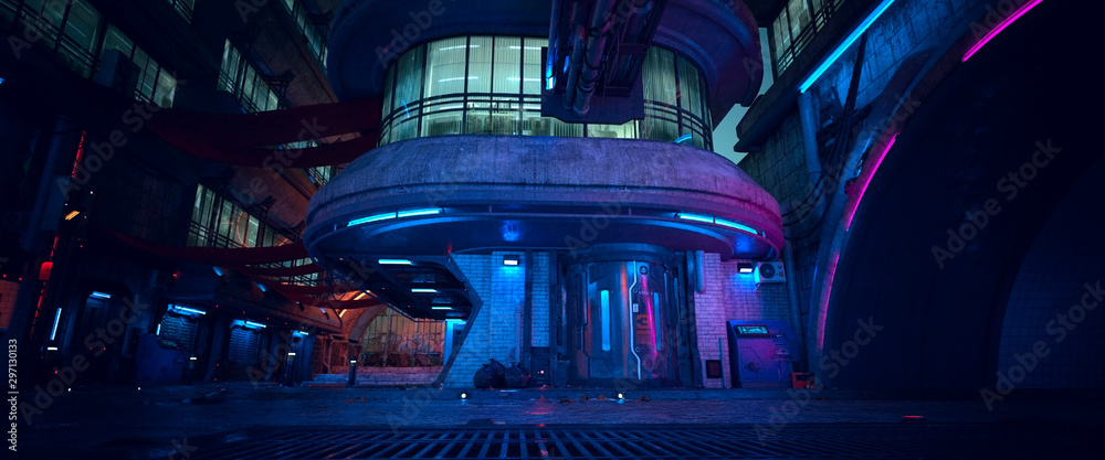Neon night in a futuristic city. Photorealistic 3D illustration. Wallpaper in a cyberpunk style. unk. Empty street with neon lights. Beautiful night cityscape. Grunge urban landscape. - obrazy, fototapety, plakaty 