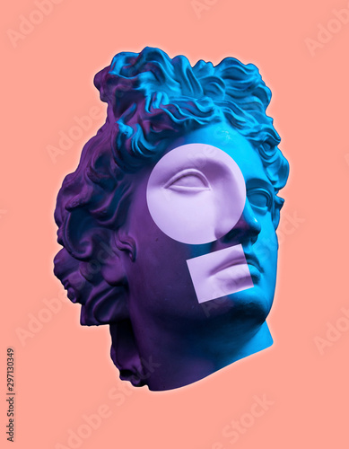 Contemporary art concept collage with antique statue head in a surreal style....