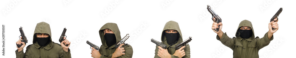 Masked man in criminal concept on white