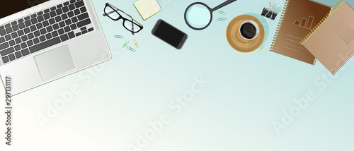 Office desktop computer, desk. Top view. Vector background illustration. Stationery, work space creative designer. Place for working, cabinet table.