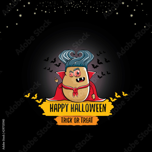 vector funny cartoon cute dracula potato with fangs and red cape isolated on dark background. My name is dracula potato vector concept halloween background. vampire monster vegetable funky character