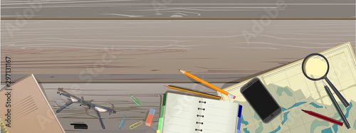 Journey. Rafting. Travel map, plotting a route. Background. Tourism. Items are laid out on logs of a wooden raft. River rafting in the wild. Navigation. Active extreme rest. View from above. Vector.