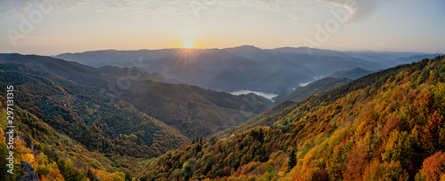 Aerial panorama of colourful autumn in the mountains. Colours of fall