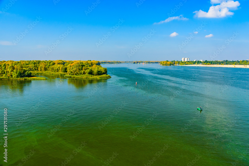 View of the river Dnieper on autumn in Kremenchug, Ukraine