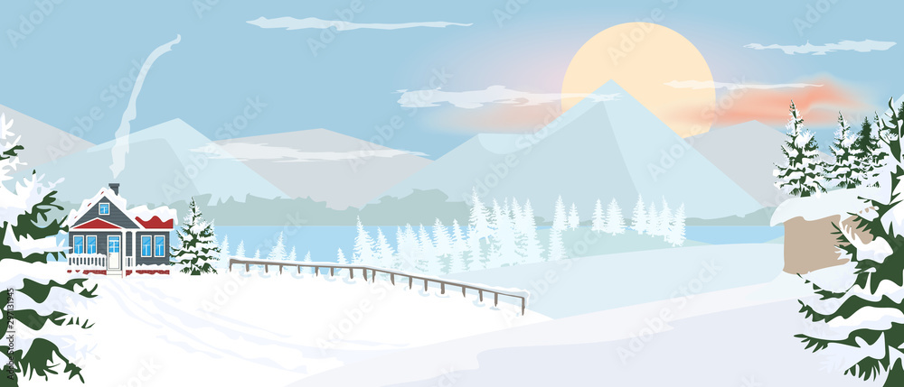 Beautiful horizontal Winter Landscape with mountain fir tree and bare tree with snow. Flat and solid color vector illustration.