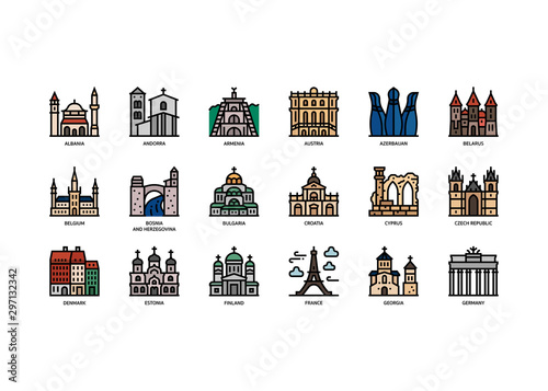 European cities landmarks icons set