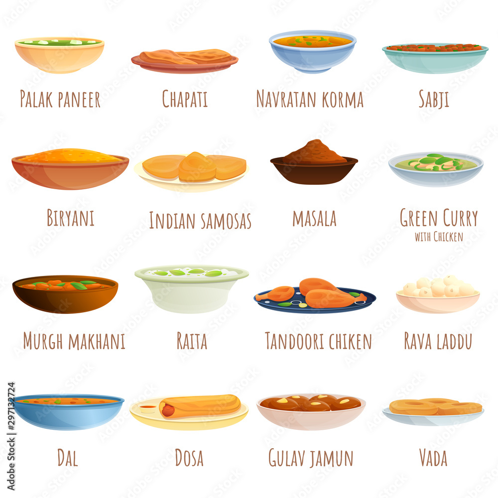 Indian cuisine icons set. Cartoon set of indian cuisine vector icons for web design Indian cuisine icons set. Cartoon set of indian cuisine vector icons for web design