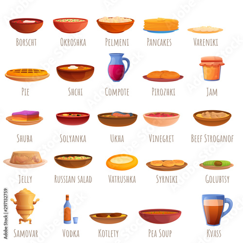 Russian cuisine icons set. Cartoon set of russian cuisine vector icons for web design