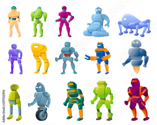 Robot-transformer icons set. Cartoon set of robot-transformer vector icons for web design