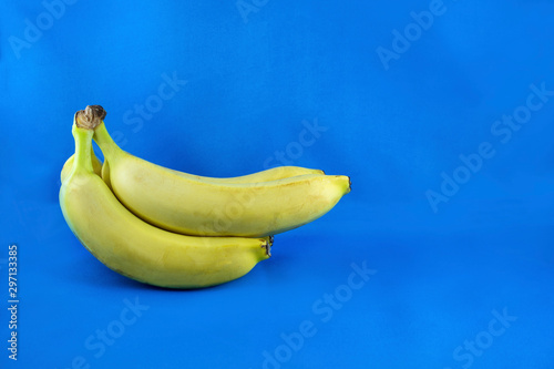 Beautiful, fresh, yellow bananas on the blue background. Healthy sweet food concept. Mock up for fruits offers as advertising or web background, or other ideas. Empty place for text or logo.