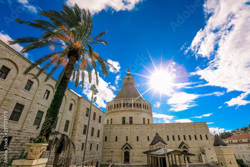 The Chirst Church under the Cloudy Blue Sky with the Palms, Nazareth, Israel