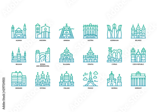 European cities landmarks icons set