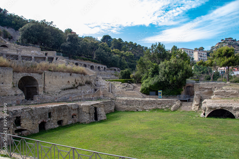 Bacoli, Naples, Italy. 20 August 2019. The ancient Roman city, with its ruins. Arches, columns and spas. Bacoli, Naples, Italy. 20 August 2019. The ancient Roman city, with its ruins. Arches, columns and spas.