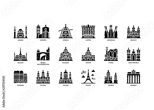 European cities landmarks icons set