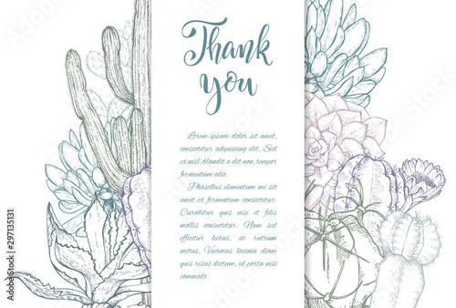 Floral background. Hand drawn vector botanical illustration. Template greeting card, wedding invitation banner with spring flowers. Sketch linear cactus ans succulents . Engraved style illustration.