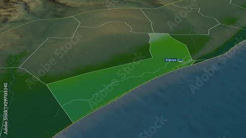 Shabeellaha Hoose - region of Somalia with its capital zoomed on the physical map of the globe. Animation 3D photo