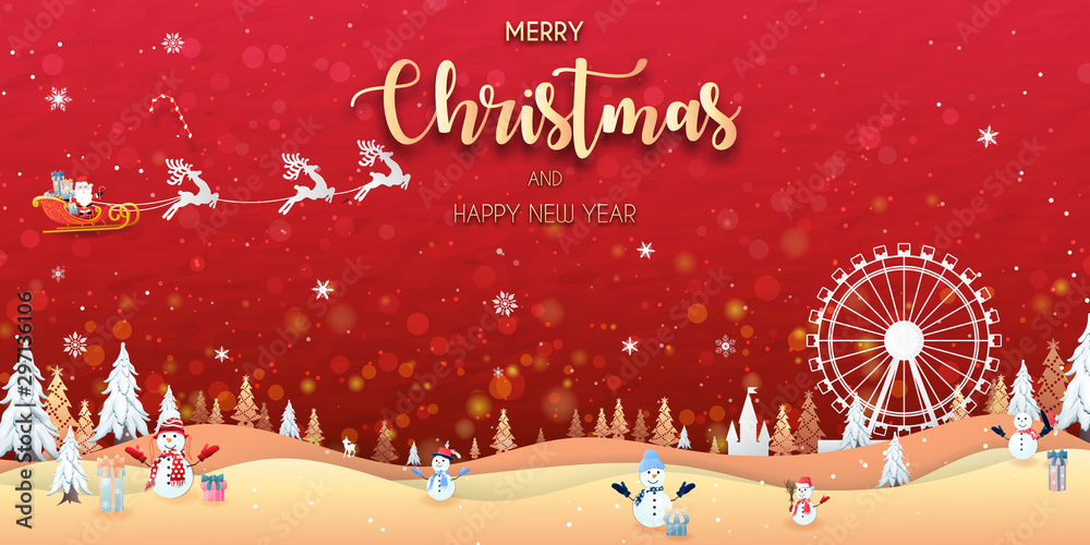 Naklejka premium Merry Christmas and happy new year. cute animal character it's wearing Hat scarf and winter glove to celebrate, landscape gold background, snow, card, and happiness. Vector Illustration