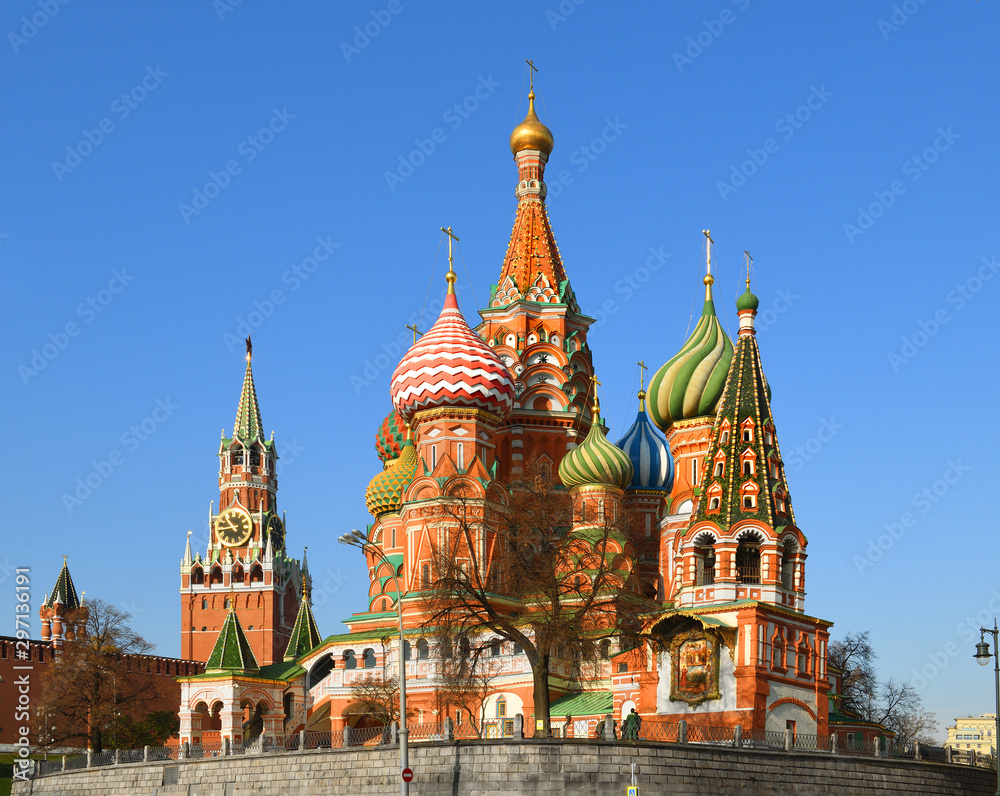 Cathedral of Vasily Blessed, known as Cathedral of Intercession of Most Holy Theotokos on Moat, and Spasskaya Tower. Moscow, Russia