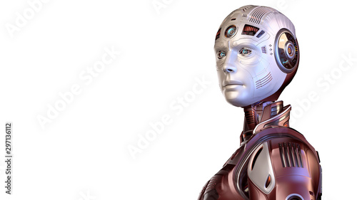 Detailed futuristic robot man or red metallic humanoid cyborg with white head. Upper body isolated on white background with free copy space for text. 3d render