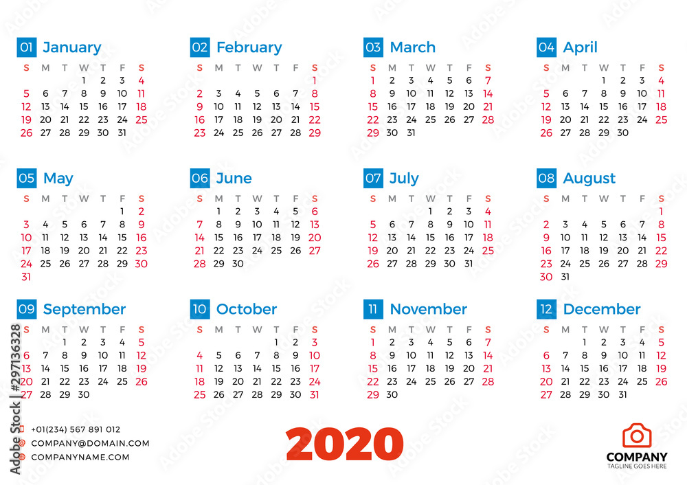 Simple calendar template for 2020 year. Week starts on Sunday. Vector illustration Simple calendar template for 2020 year. Week starts on Sunday. Vector illustration