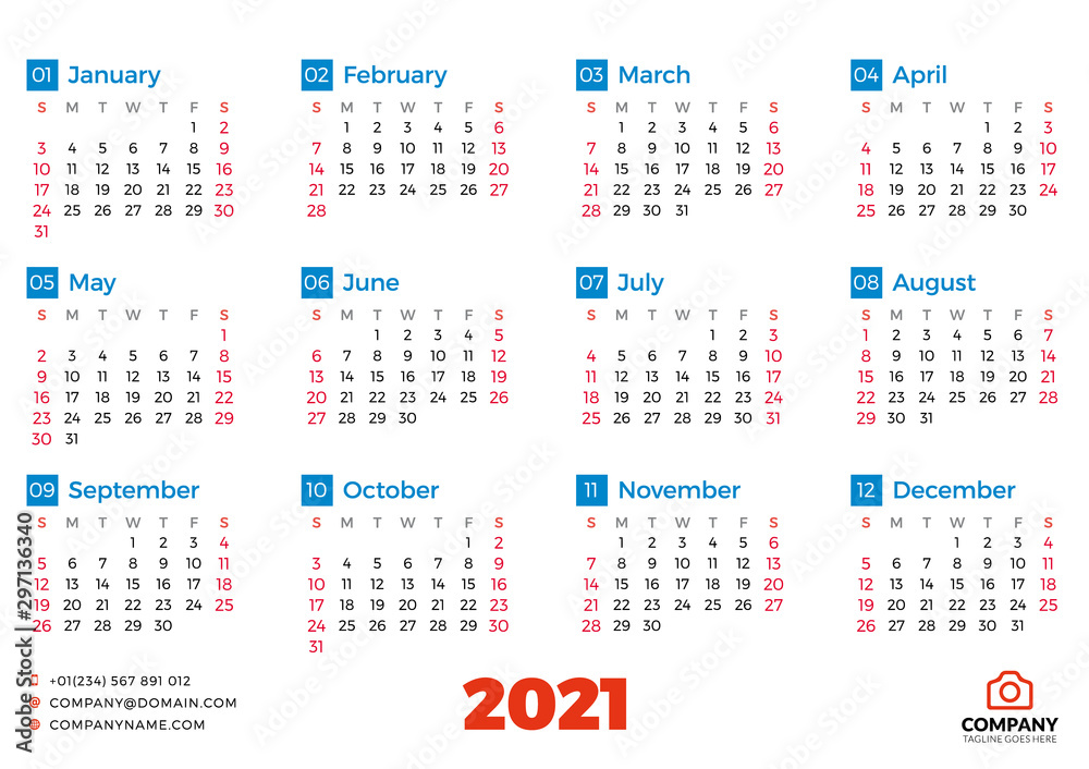 Simple calendar template for 2021 year. Week starts on Sunday. Vector illustration Simple calendar template for 2021 year. Week starts on Sunday. Vector illustration