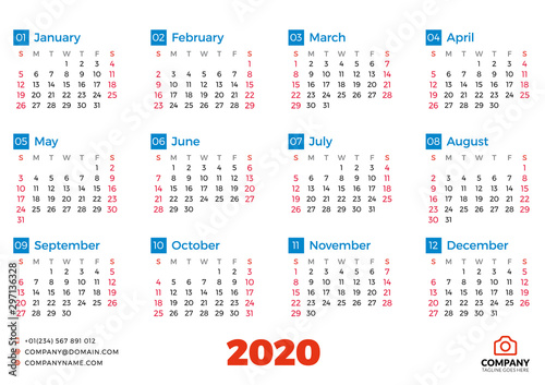 Simple calendar template for 2020 year. Week starts on Sunday. Vector illustration